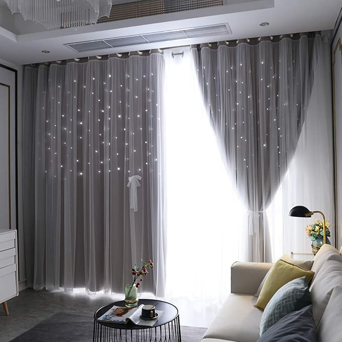 UNISTAR 2 Panels Stars Blackout Curtains for Bedroom Girls Kids Baby Window Curtain Double Layer Star Cut Out Aesthetic Living Room Decor Wall Home Decorations Curtain,W52 x L63 Inches,Grey
