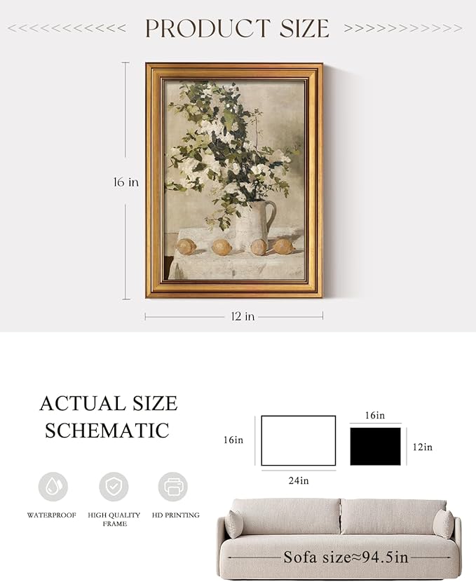 ARPEOTCY Gold Framed Canvas Art Prints,12x16inch, Vintage Lemons and Floral Art Painting, Rustic Farmhouse Decor for Kitchen Dining Room Bedroom Bathroom Shelf, Country Still Life Pictures