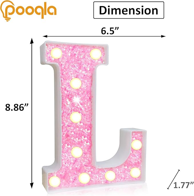 Pooqla LED Marquee Letter Lights, Pink Glitter Alphabet Sign, Battery Powered Night Light, Wedding Party Decoration, 8.86" x 6.5" Plastic Letter L
