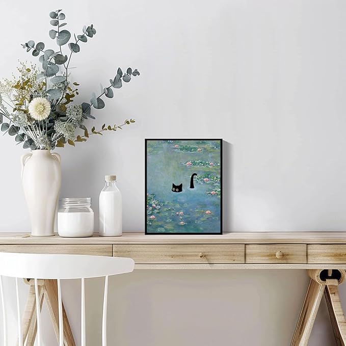 Hamduker Cat Wall Art Monet Prints Vintage Canvas Wall Art Funny Cat in Water Lilies Posters for Room Bedroom Living Room Bathroom Wall Decor Aesthetic (Size: 8''x10''x1pcs)