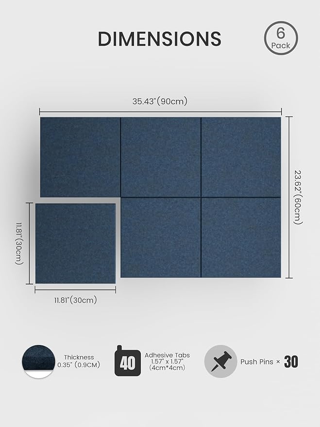 Bumusty Large Cork Board 36" x 24" Alternative - 6 Pack Felt Wall Tiles with 40 Safe Removable Adhesive Tabs, 30 Pushpins, Cork Boards for Walls Pin Board Bulletin Board Office Decor (Navy Blue)