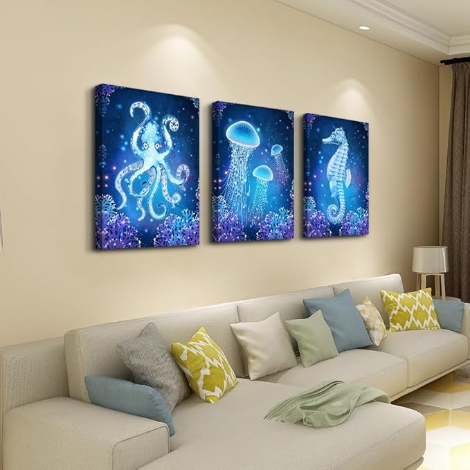 DZRWUBHS Large Wall Art For Living Room Bedroom Wall Decor Blue Ocean Life Theme Art Prints Wall Artworks Sea Animal Sea Horse Octopus Jellyfish Pictures Bathroom Modern Home Decor Painting Posters