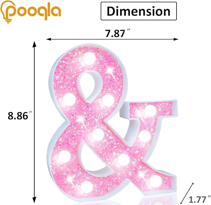 Pooqla LED Marquee Letter Lights, Light Up Letters Glitter Letter Sign Girls Gift, Battery Powered Night Light Pink Birthday Party Room Wedding Christmas Girls Bedroom Dorm Decoration, Cool White &
