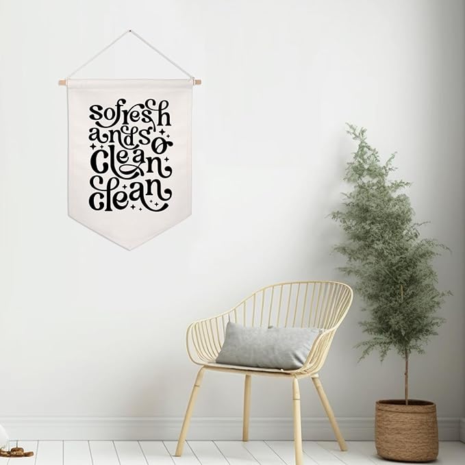 So Fresh and so Clean Clean Wall Hanging Banner, Bathroom Wall Decor, 70s Pennant Flag, Shelf Decor, Funky Wall Art, Laundry Room Decor, Funny Quotes, Trendy Wall Hanging Flag
