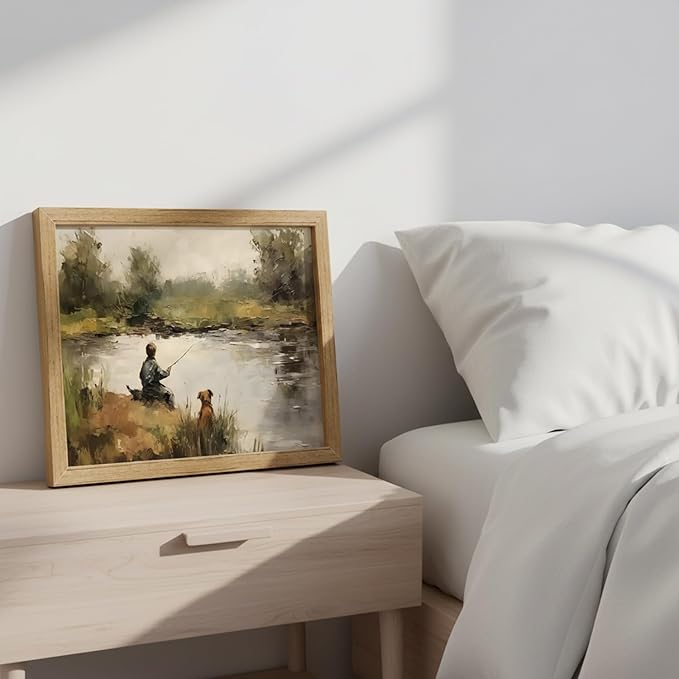 Vintage Fishing Wall Art Rustic Boy Dog Landscape Canvas Print Farmhouse Country Nursery Decor for Boys Bedroom Living Room 8x10inch Framed
