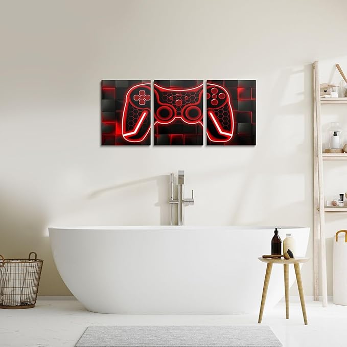 Feelyou Gamer Canvas Wall Art for Living Room 12"x16" 3 Piece Red and Black Picture Wall Decor Gaming Ombre Office Decorations Artwork Posters Square Painting
