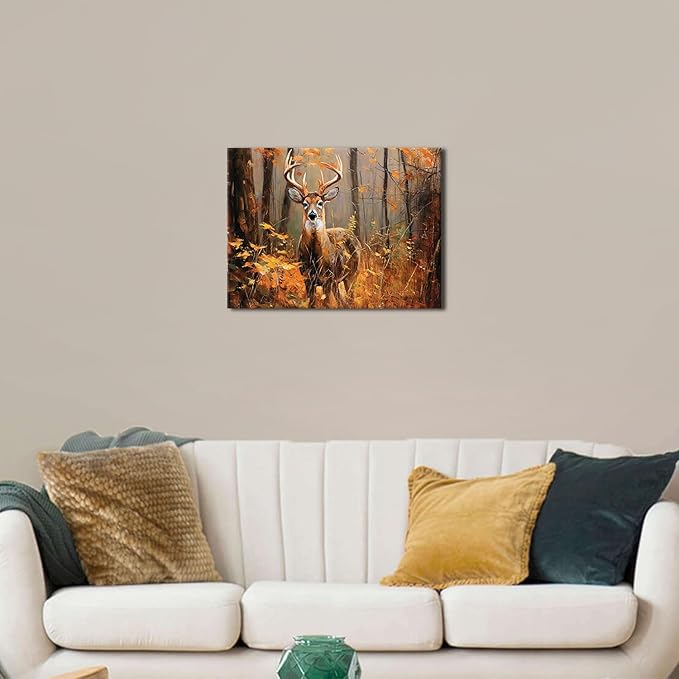 Deer Pictures Wall Decor Fall Forest Wall Art Autumn Orange Forest Landscape Canvas Prints Wildlife Animal Poster Nature Woodland Elk Painting Artwork for Bedroom Living Room Home Decoration 12x16"