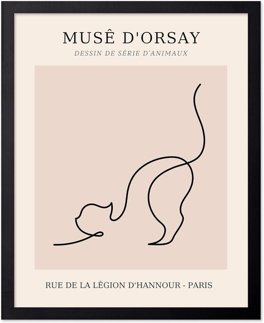 Poster Master Vintage Poster - Retro One Line Cat Drawing Print - Cat Art - Minimal Gift for Men, Women, Animal Lover - Abstract Wall Decor for Home, Office, Bedroom, 11x14 Black Framed