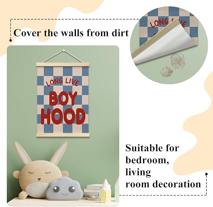 Long Live Boyhood Posters Hanger Frame for Boys Room Checkered Hanging Poster for Bedroom Kids Room Classroom Decor Wall Art Decor for Nursery Playroom Canvas Wall Art Print 16x12 Inches - YY065