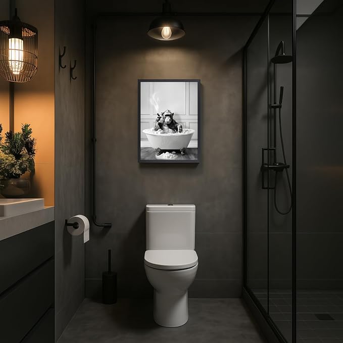IAFWZX Wood Framed Funny Bathroom Wall Art, Black and White Chimpanzee in Bathtub Wall Decor, Cute Animal Wrapped Canvas Painting, Humor Gorilla Toilet Poster Print for Restroom Guest Bedroom 16"x24"