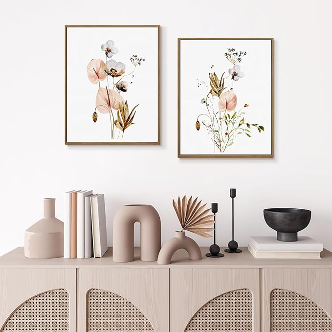 Set of 2 Watercolor Botanical Plant Picture Pink White Flower Canvas Wall Art Colorful Wildflower Poster Minimalist Floral Wall Decor Framed for Bedroom Living Room Home Office Decoration, 11x14 Inch