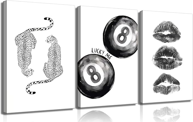 BOKPEN Trendy Black and White Leopard Canvas Wall Art,Funky Y2k Lucky 8 Ball Posters,Retro Kiss Lips Print Picture,Cheetah Prints Aesthetic for Girls Room College Dorm Home Decor (16x24 canvas)