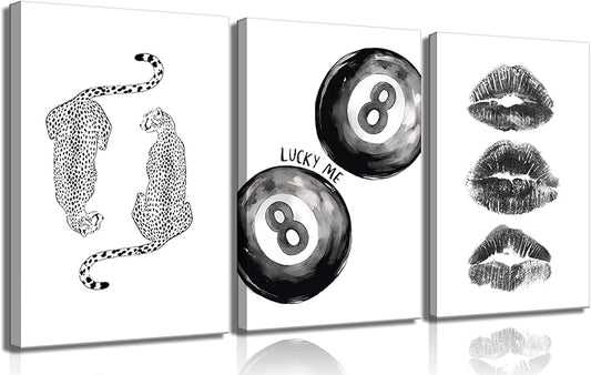 BOKPEN Trendy Black and White Leopard Canvas Wall Art,Funky Y2k Lucky 8 Ball Posters,Retro Kiss Lips Print Picture,Cheetah Prints Aesthetic for Girls Room College Dorm Home Decor (16x24 canvas)