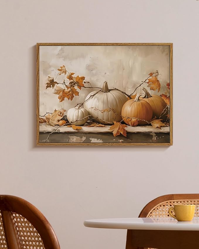 WHASAYART Vintage Pumpkin Thanksgiving Wall Art 12x16 Framed Canvas Print with Fall Leaves, Rustic Autumn Season Painting, Cozy Harvest Dining Room Kitchen Farmhouse Decor