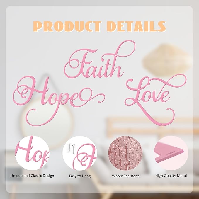 ESTART Faith Hope Love 3 Pieces Metal Wall Decor Inspirational Pink Letter Sign Wall Art Rustic Vintage Farmhouse Word Metal Sign Family Wall Decor for Home Bedroom Living Room (Pink)