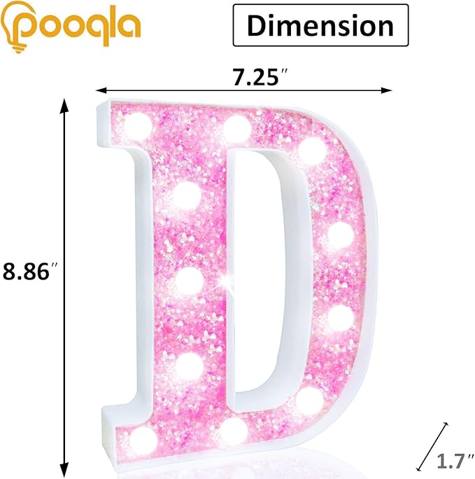 Pooqla LED Marquee Letter Lights, Light Up Letters Glitter Letter Sign Girls Gift, Battery Powered Night Light Pink Birthday Party Room Wedding Christmas Girls Bedroom Dorm Decoration, Cool White D