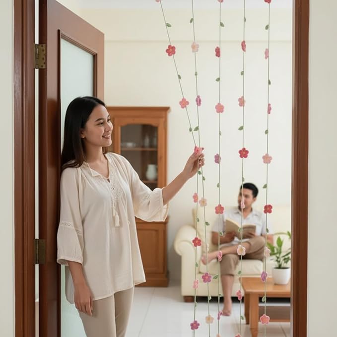 12 Pcs Handmade Crochet Flower Garland Decor Knitting Spring Floral Garland Hanging Ornaments Boho Door Curtains Decoration for Backdrop Wall Window Fireplace Bedroom Birthday Wedding Party