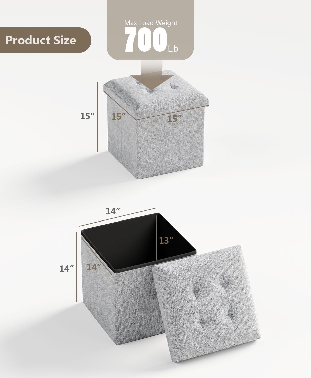 15 Inches Small Folding Storage Ottoman Cube, Storage Footrest, Foot Rest Stool, for Living Room, Bedroom, Dorm, Hallway, Entryway, Light Gray