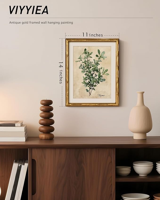 VIYYIEA Bamboo Detail Design Gold Framed Wall Art, Thyme Canvas Prints, Vintage Wall Art Bamboo Style Botanical Wall Decor for Living Room, Picture Print Painting, 11 x 14 Inch