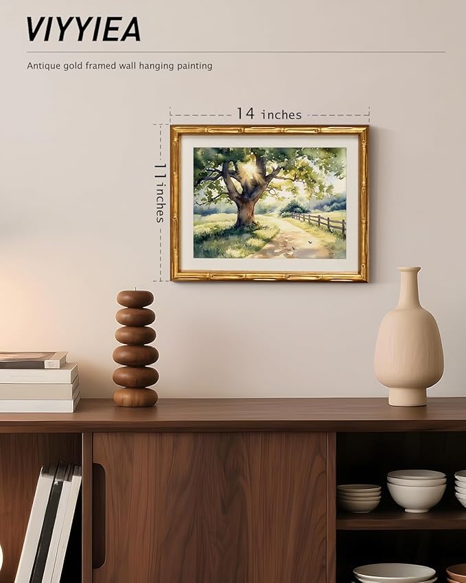 VIYYIEA Bamboo Detail Design Gold Framed Wall Art, Vintage Framed Landscape Wall Art Decor, Sunlit Village Path Bathroom Pictures, Vintage Artwork Decor Paintings for Bedroom, 11 x 14 Inch