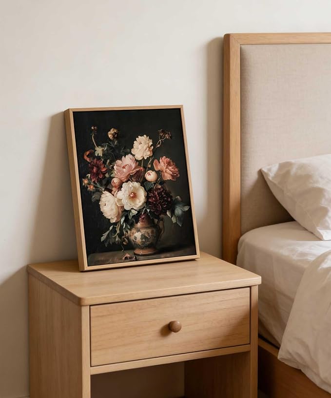 Framed Vintage Dark Floral Wall Art Moody Flower Picture Wall Decor Retro Antique Still Life Painting Print Artwork for Bedroom Bathroom Home Decoration 12x16in