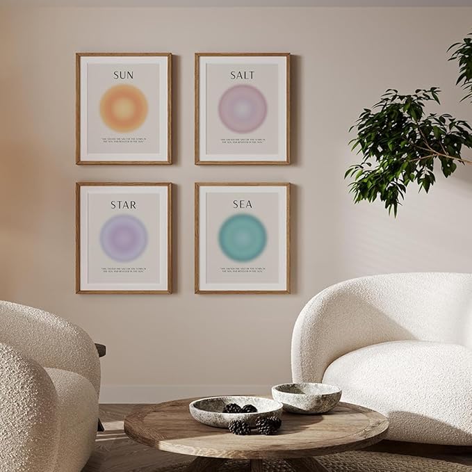 PLKMN Aura Angel Sun Salt Sea Wall Art Decor 8x10,Beach Aesthetic,Trendy Star Ocean Beach Prints,Colorful Aura Abstract Aesthetic Decor Bedroom Yoga Living Room Set of 4 (Unframed)
