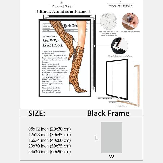 Trendy Newspaper Posters Vintage Leopard Boots Poster Feminist Canvas Prints Retro Fashion Bar Cart Magazine Cover Wall Art for Hot Girl Preppy Y2k Aesthetic Room Home Decor 24x36inch black framed