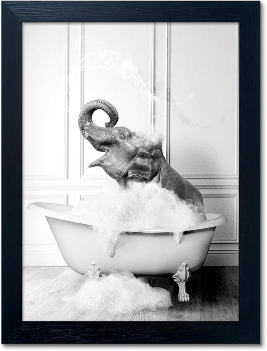 Framed Bathroom Art Wall Decor Elephant in Bathtub Decor Funny Black and White Animal Canvas Print Paintings for Bathroom