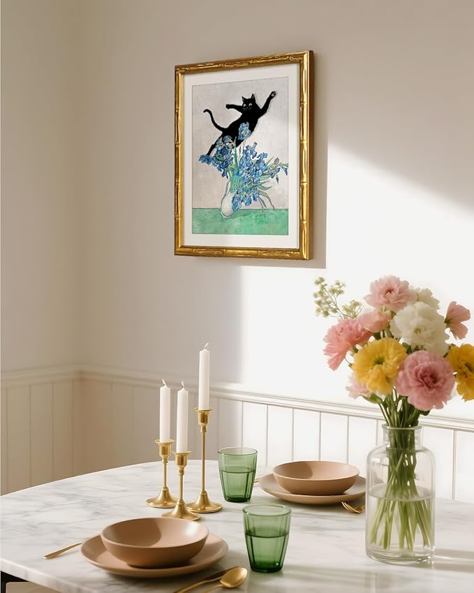 VIYYIEA Bamboo Detail Design Gold Framed Wall Art, Naughty Cat and Toppling Vase Art Work for Wall Decor, Gold Framed Wall Decor Canvas Print Painting, 11 x 14 Inch
