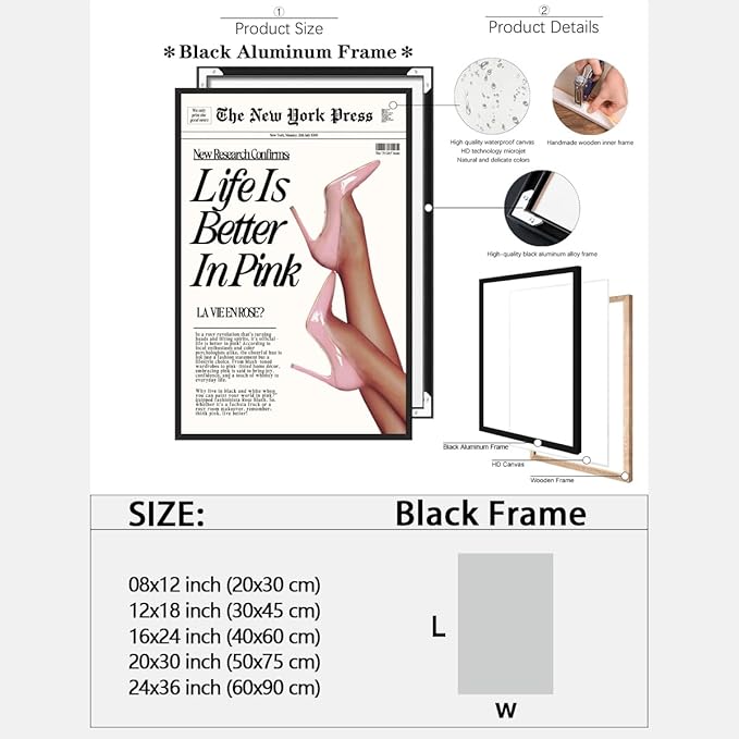 Trendy Baby Pink Poster 70s Canvas Prints The New York Press Wall Art Life Is Better in Pink Hot Girl Posters Preppy Aesthetic Decor Bedroom for Cool Girly Room Home Dorm 16x24inch black framed