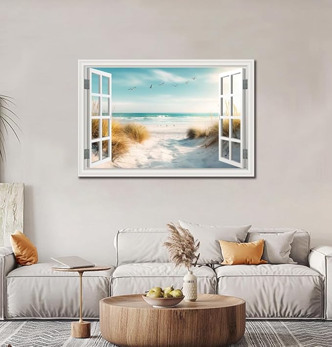 Canvas Wall Art - Large Ocean Prints for Living Room & Bedroom - White Window Style Beach Path Painting Coastal Seascape Artwork - Landscape for Home Office Decorations (32"*48")