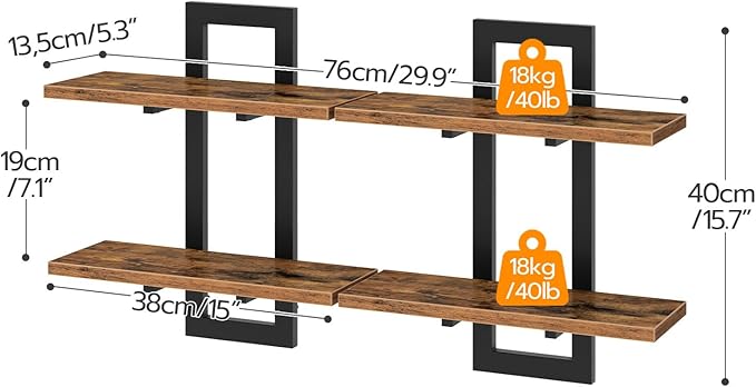 HOOBRO Floating Shelves, 15 Inch Wall Shelf Set of 2, Wall Mounted Storage Shelves 2-Tier, Hanging Bathroom Shelves, for Living Room, Bedroom, Bathroom, Kitchen, Rustic Brown and Black BF32BJ01G1