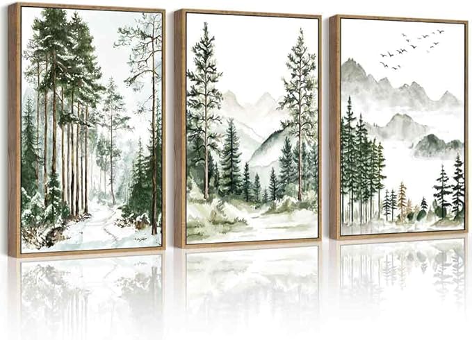 Drsoum Green Tree Forest Mountain Framed Wall Art Nature Landscape Prints Morden Wilderness Artwork Hallway Bedroom Ready to Hang 11x14in Natural Framed