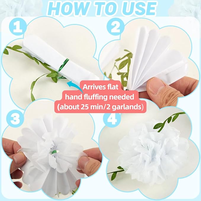 White Flower Garland for Bridal Shower Decorations, 2 Pcs Baby Shower Decorations for Girls, Pom Pom Garland, Paper Flowers Party Decorations for Birthday