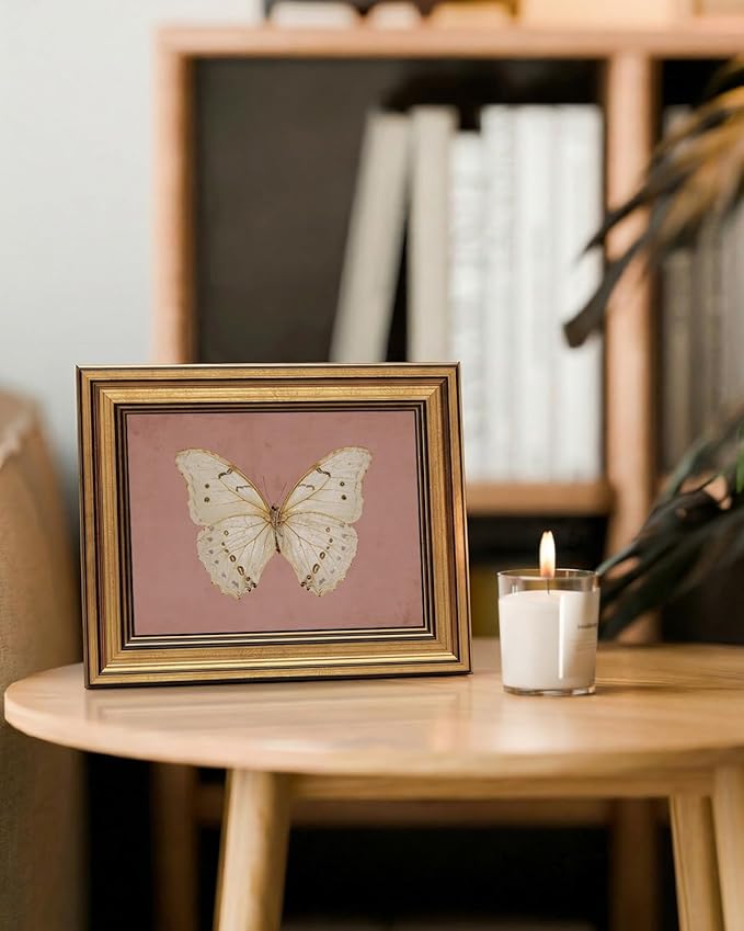 InSimSea Gold Framed Canvas Wall Art, Vintage Wall Decor for Living Room, Moody White Butterfly Paintings Farmhouse Decor, Small Minimalist Prints for Bedroom Bathroom Shelf Gift, 8x10inch