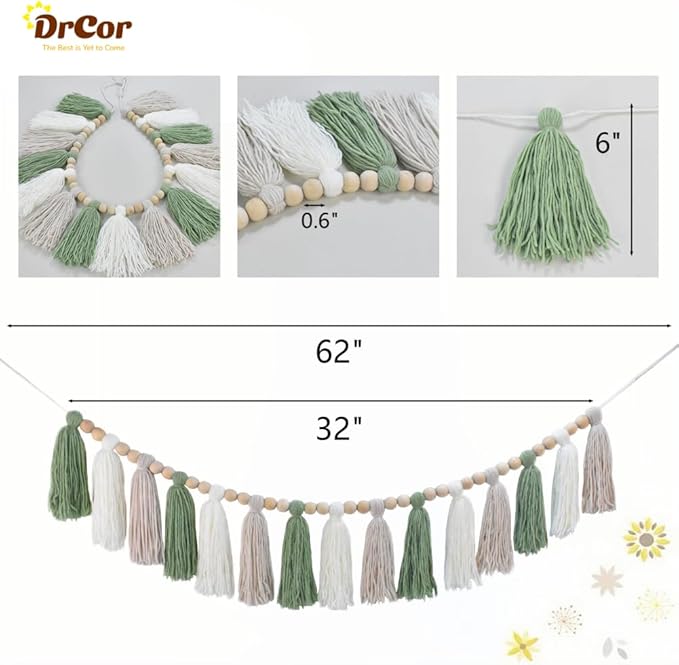 DrCor Sage Green & White Boho Tassel Garland – Handmade Yarn Banner for Nursery, Girls Bedroom, Baby Shower, Wedding Backdrop, Classroom Bulletin Board or Cozy Home Wall Decor
