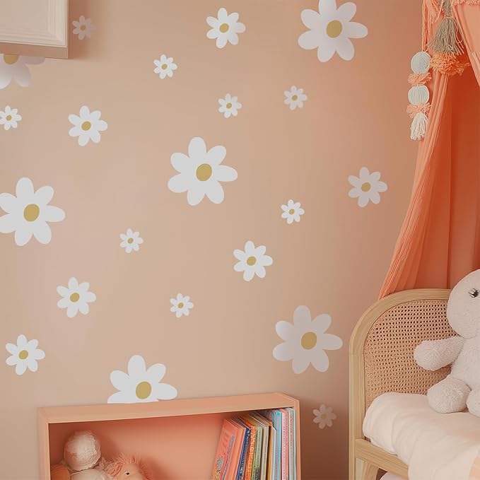 32 PCS Flower Wall Decals Peel and Stick, Daisy Wall Decor for Girls Bedroom, Pure White Daisy