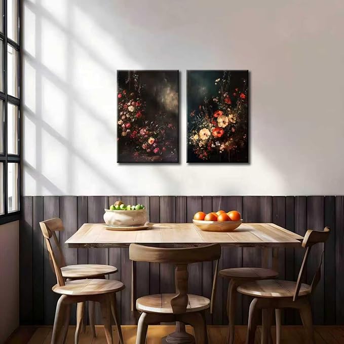 2Pcs Framed Canvas Prints Art Vintage Moody Floral, Classical Fall Wildflower Floral Painting, Rustic Dark Autumn Flower Wall Art for Living Room Bedroom Home Bathroom Wall Decor, 12x16in