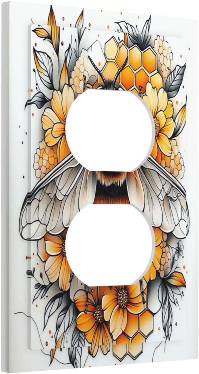 Outlet Covers Bee Honeycomb Flowers Plant Leaves 1 Gang Duplex Light Switch Cover Decorative Switch Plates Electrical Receptacle Faceplate Wall Plate For Nursery Kids Room Decor