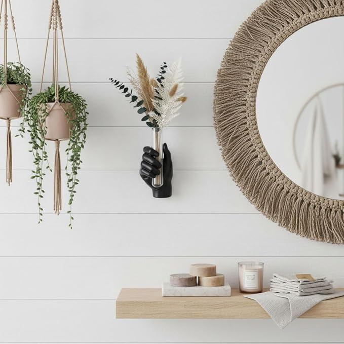 Wall Hand Vase,Vintage Art Decor,Life-Size Hand Sculpture with Glass Test Tube Vase,Unique Wall Art Statue for Indoor or Outdoor,Maximalist Boho Whimsical Decor, for Women (Black)