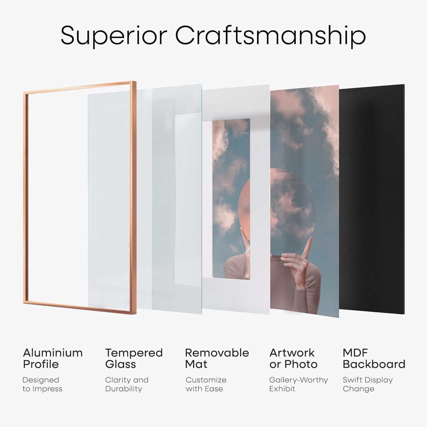 Homeforia 8.5x11 Rose Gold Frame, High End Metal 8.5 x 11 Picture Frames with Mat 6 by 8 inch Photo, 11x8.5 Poster Frame Matted to 6x8 Print, Wall or Tabletop Frame, Tempered Glass, Wall Kit, Set of 1