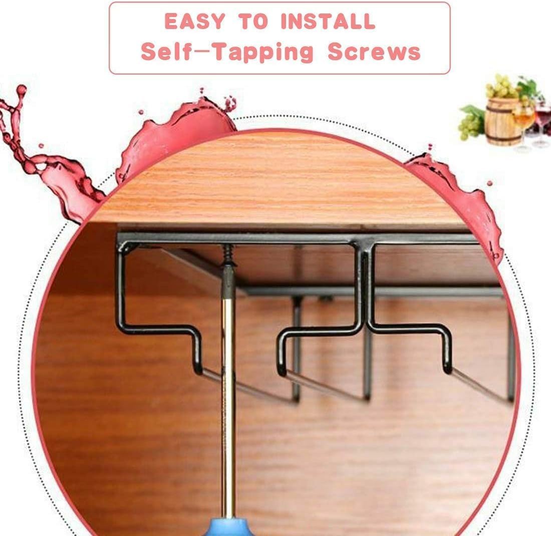 Wine Glass Rack - Under Cabinet Stemware Wine Glass Holder Glasses Storage Hanger 1 Pack Metal Organizer for Bar Kitchen 5 Rows Black