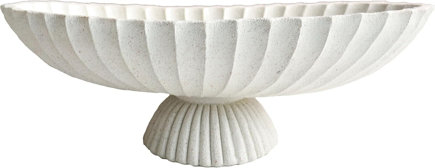 14.5" Large Decorative Long Bowl - Light Gray Fluted Scalloped Decorative Bowls for Home Decor - Ruffle Decor,Stylish Key Bowl for Entry Table,Decorative Fruit Bowl for Kitchen Counter