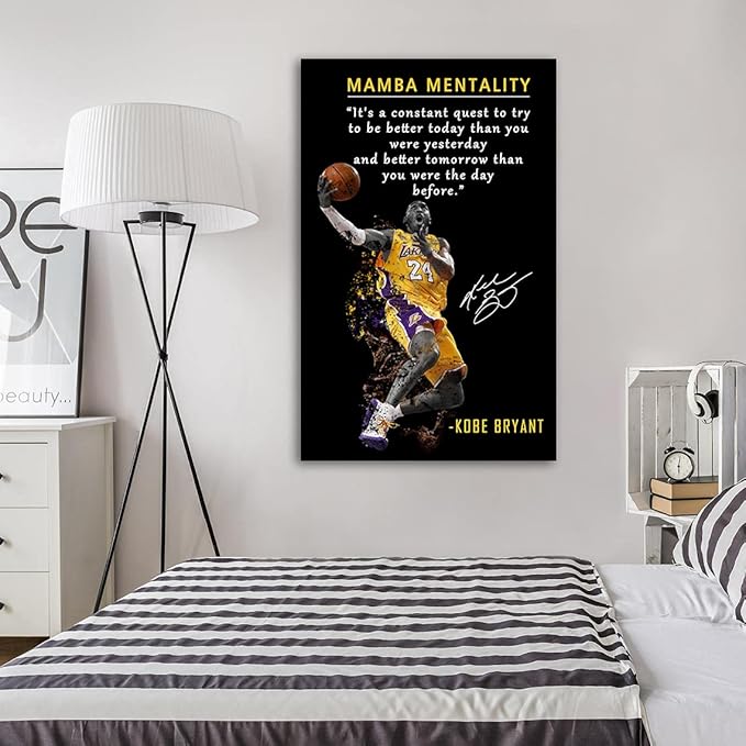 AMART SUN NBA Basketball Player Sports Home Decor • Kobe Bryant Mamba Mentality Quote Poster Inspirational Canvas Wall Art • Motivational Artwork for Home,Office,Gym Wall Decor Framed Ready to Hang