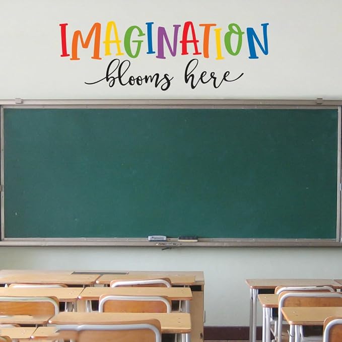 Finduat Imagination Blooms Here Decal, Inspirational Quote Wall Decal Sticker, Classroom Decor, Children Bedroom or Playroom Wall Art