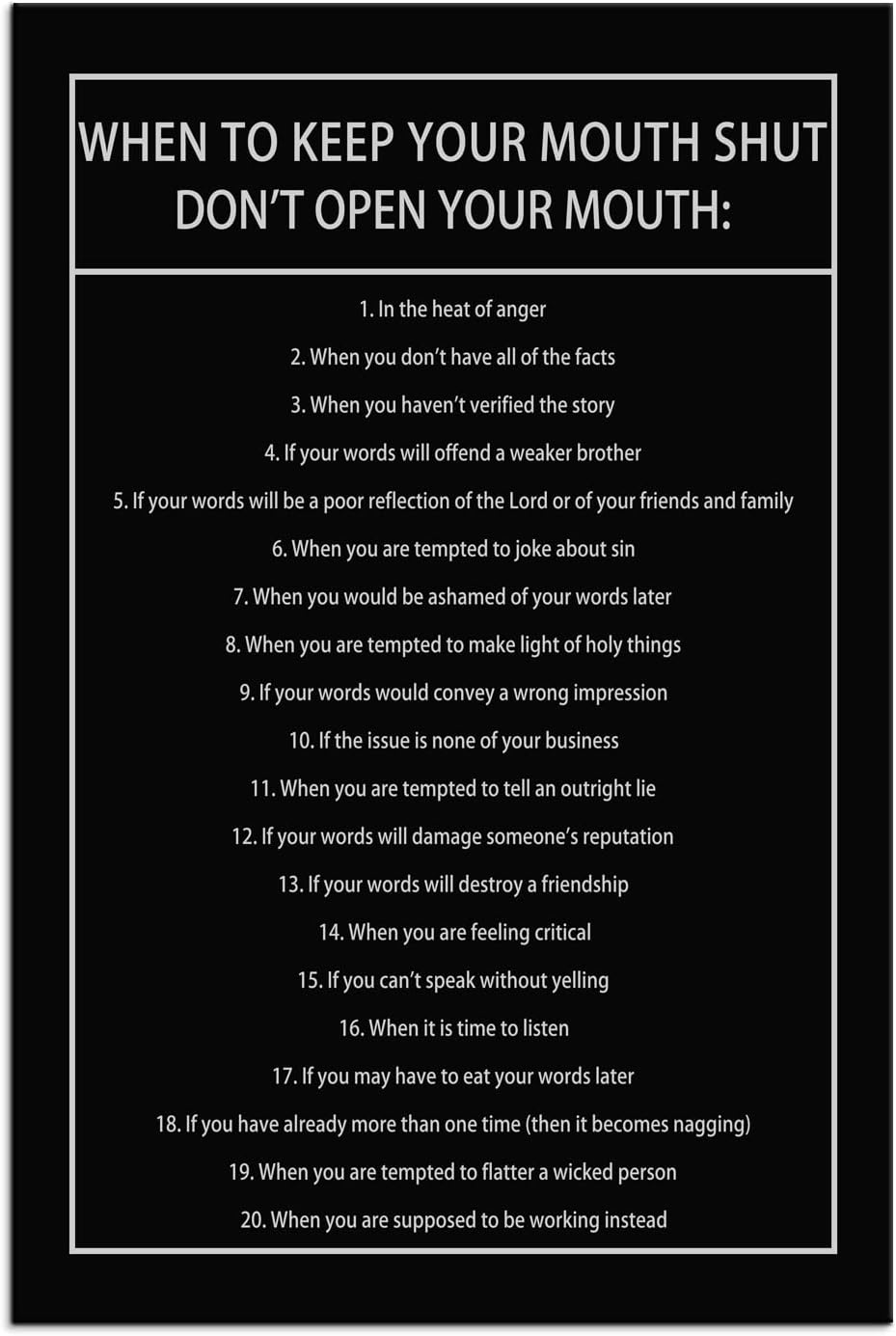 When to Keep Your Mouth Shut Don't Open Your Mouth Inspirational Canvas Wall Art Life Learning Poster Prints Artwork for Living Room Modern Home Decor Painting Stretched and Framed [12''Wx 18''H]