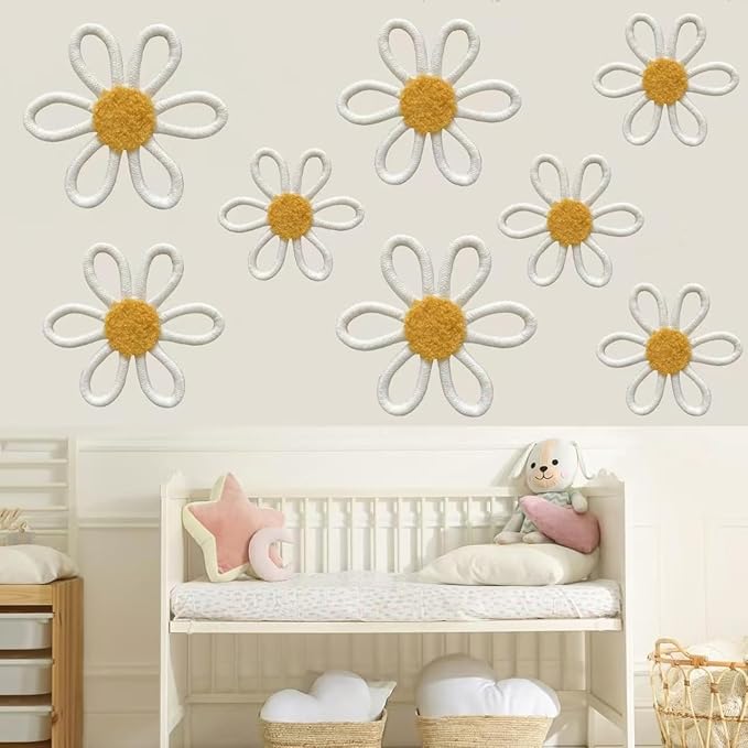 KUNHEHO Boho Wall Decor Set of 6 Daisy Flower with 12pcs Butterflies Wall Decors Nursery Wall Decor Bohemian Macrame Wall Hanging Decor for Nursery Home Bedroom (White)