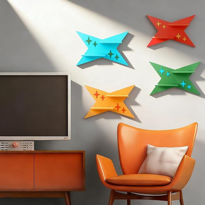 4 Pcs Mid Century Wall Decor Wooden Retro Celestial Star Shaped Burst Wall Art Mount Shelves for Aesthetic Hanging Storage Sign Decoration for Room Bedroom Party(Four-Pointed Star)
