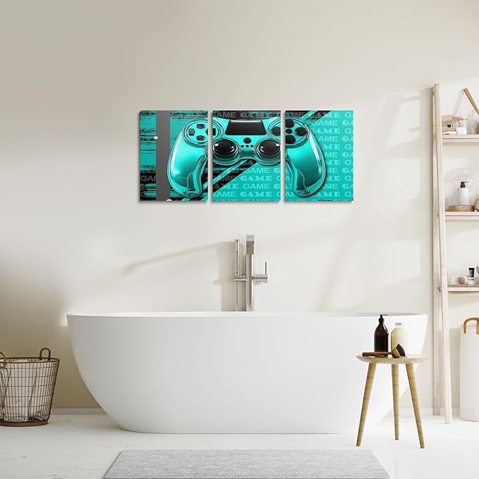 Feelyou Gamer Canvas Wall Art 12" x 16" 3 Piece Game Controller Office Wall Artwork Posters for Teens Adults Gaming Gifts Bathroom Wall Art for Home Gamepad TealBlue and Black Wall Painting