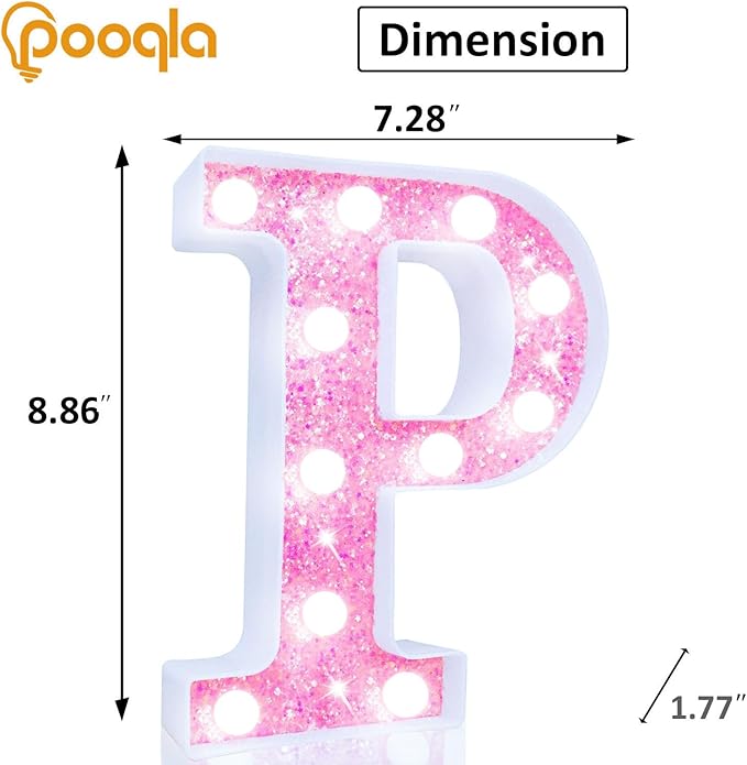 Pooqla LED Marquee Letter Lights, Light Up Letters Glitter Letter Sign Girls Gift, Battery Powered Night Light Pink Birthday Party Room Wedding Christmas Girls Bedroom Dorm Decoration, Cool White P